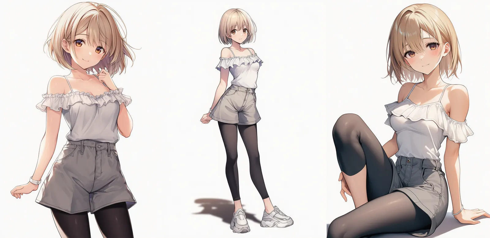 フリルブラウス×レギンス×バミューダパンツ|コーデプロンプト紹介