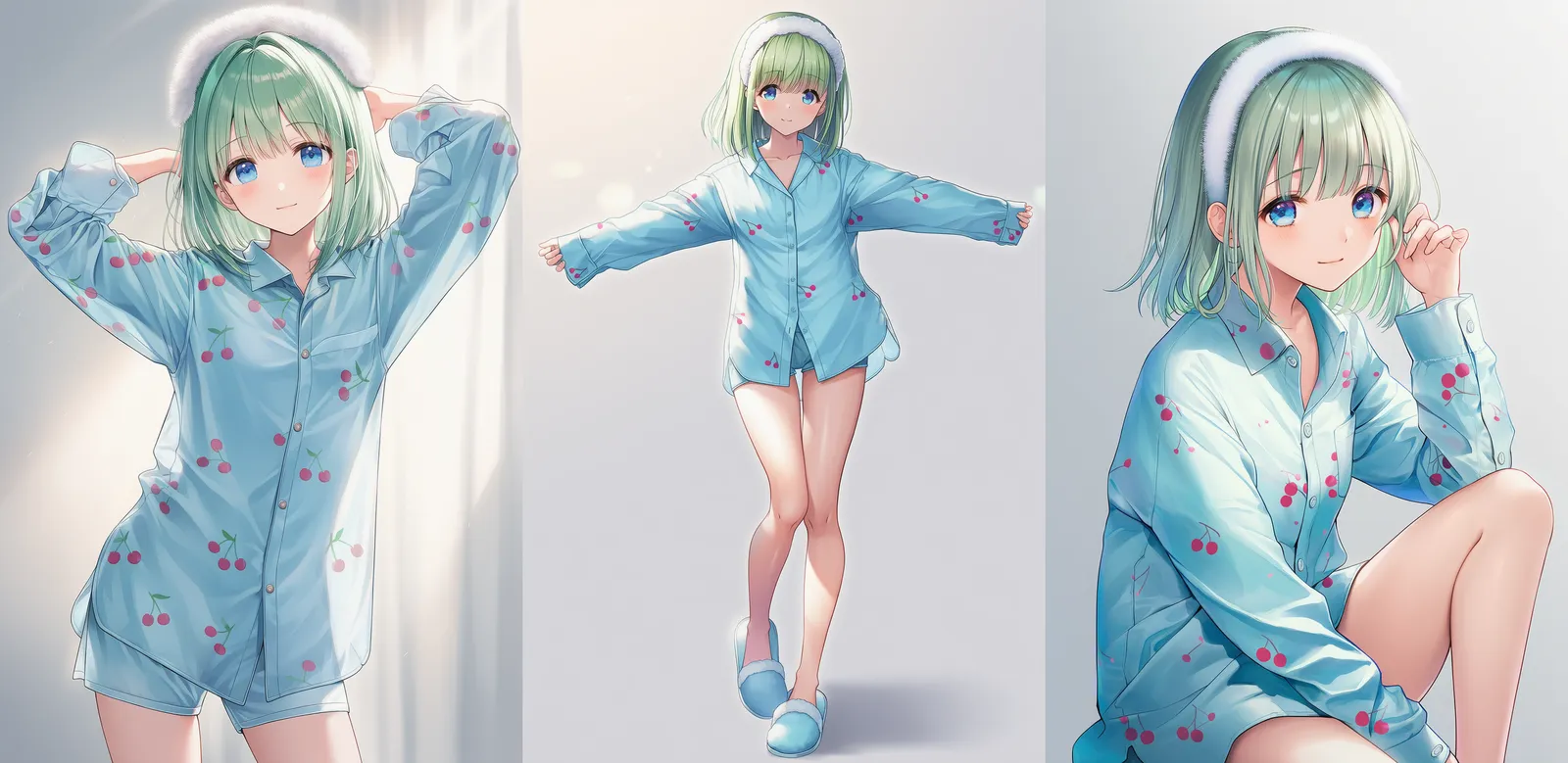 チェリープリントとシルクシャツのルームウェア|プロンプト紹介
