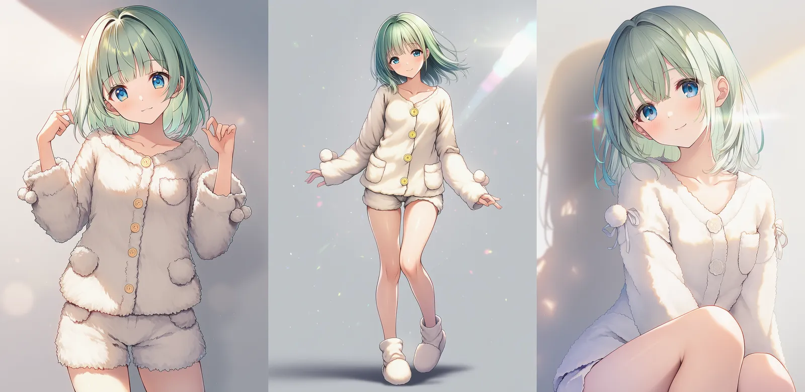 白フリースと黄色ボタンのルームウェア|プロンプト紹介