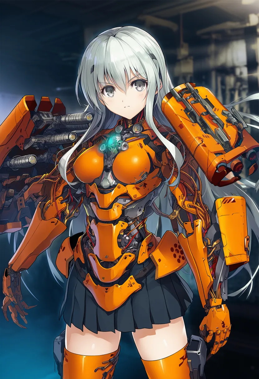オレンジ装甲＋黒ミニスカートのメカ少女のAIイラスト作例-2｜プロンプト紹介