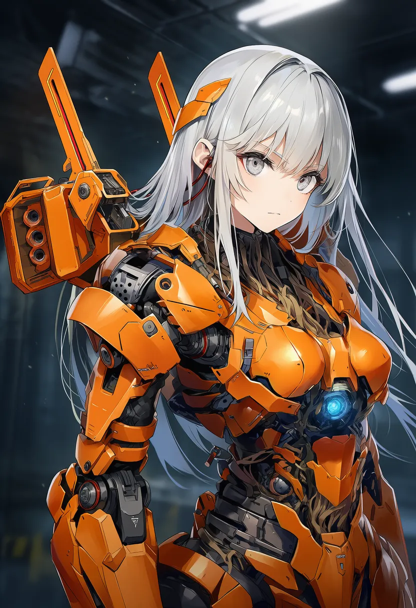 オレンジ装甲＋黒ミニスカートのメカ少女のAIイラスト作例-1｜プロンプト紹介