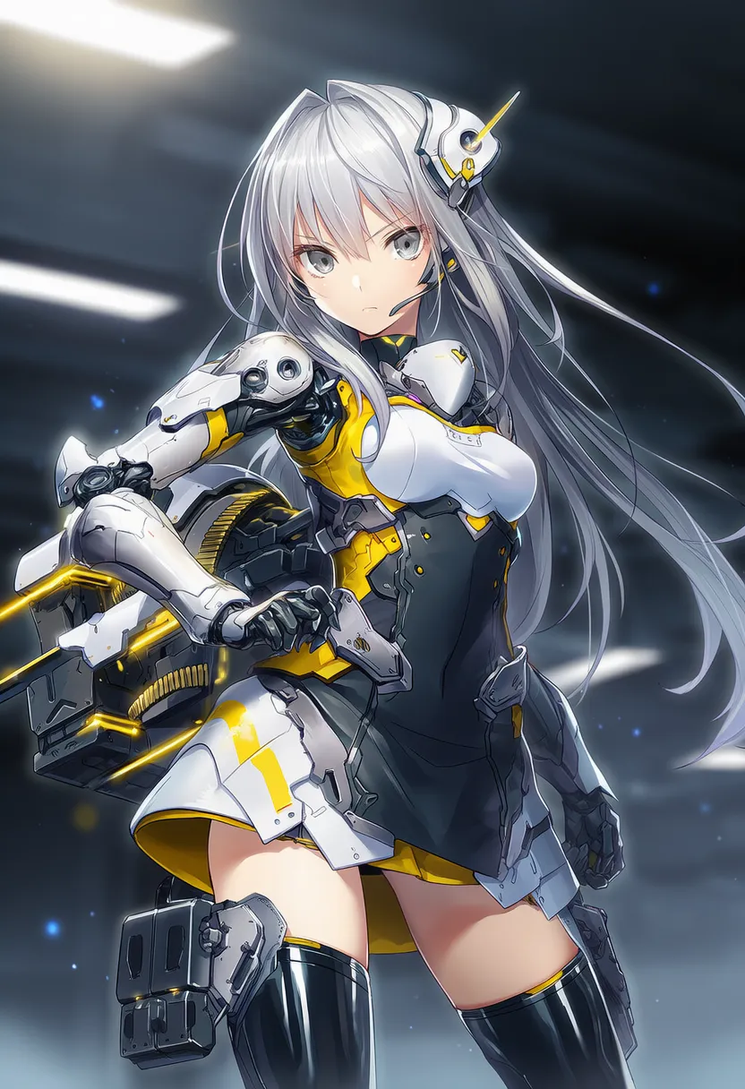 白黒装甲＋黄発光武装のメカ少女のAIイラスト作例-1｜プロンプト紹介