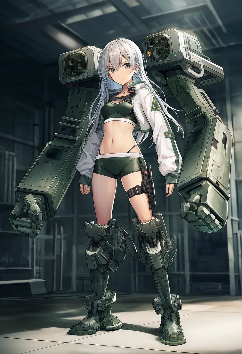 スポーツジャケット型メカ少女（武装サブアーム）のAIイラスト作例-1｜プロンプト紹介