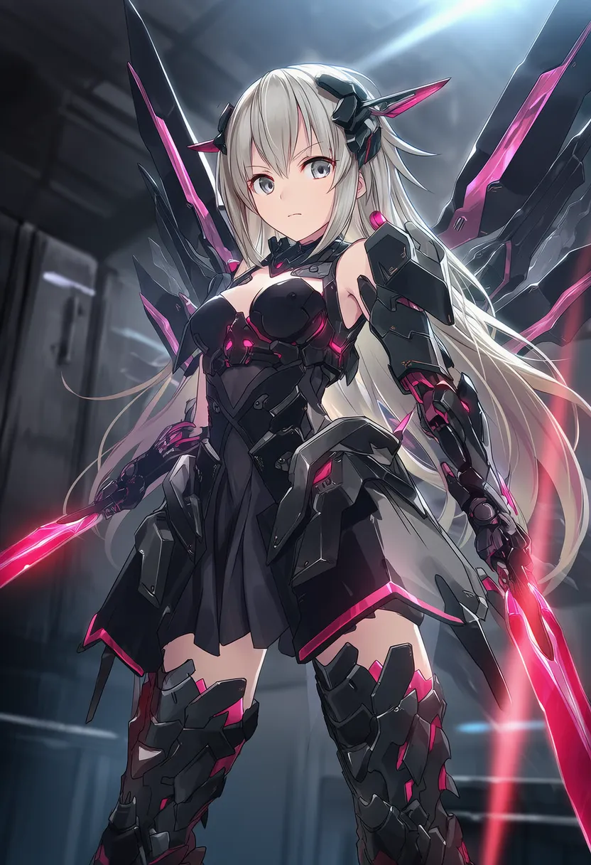 ゴシックメイド型メカ少女（赤色ファンネル）のAIイラスト作例-1｜プロンプト紹介