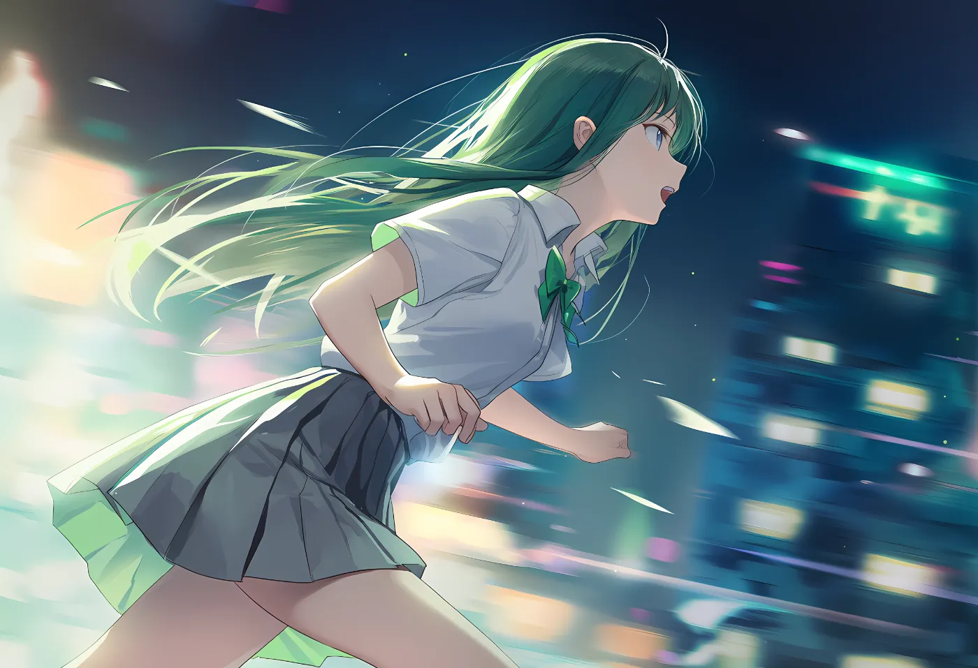 美少女が夜の街を駆け抜ける躍動感のあるAIイラストの作例