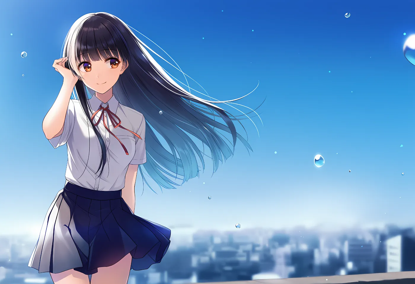 制服美少女をフレーム内の左側に配置して構図に流れを作ったAIイラストの作例