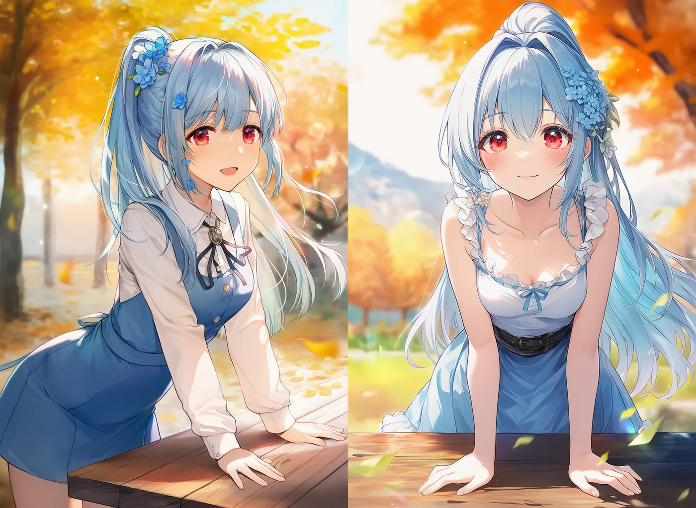 手をテーブルにつくポーズの美少女のAIイラスト｜プロンプト紹介