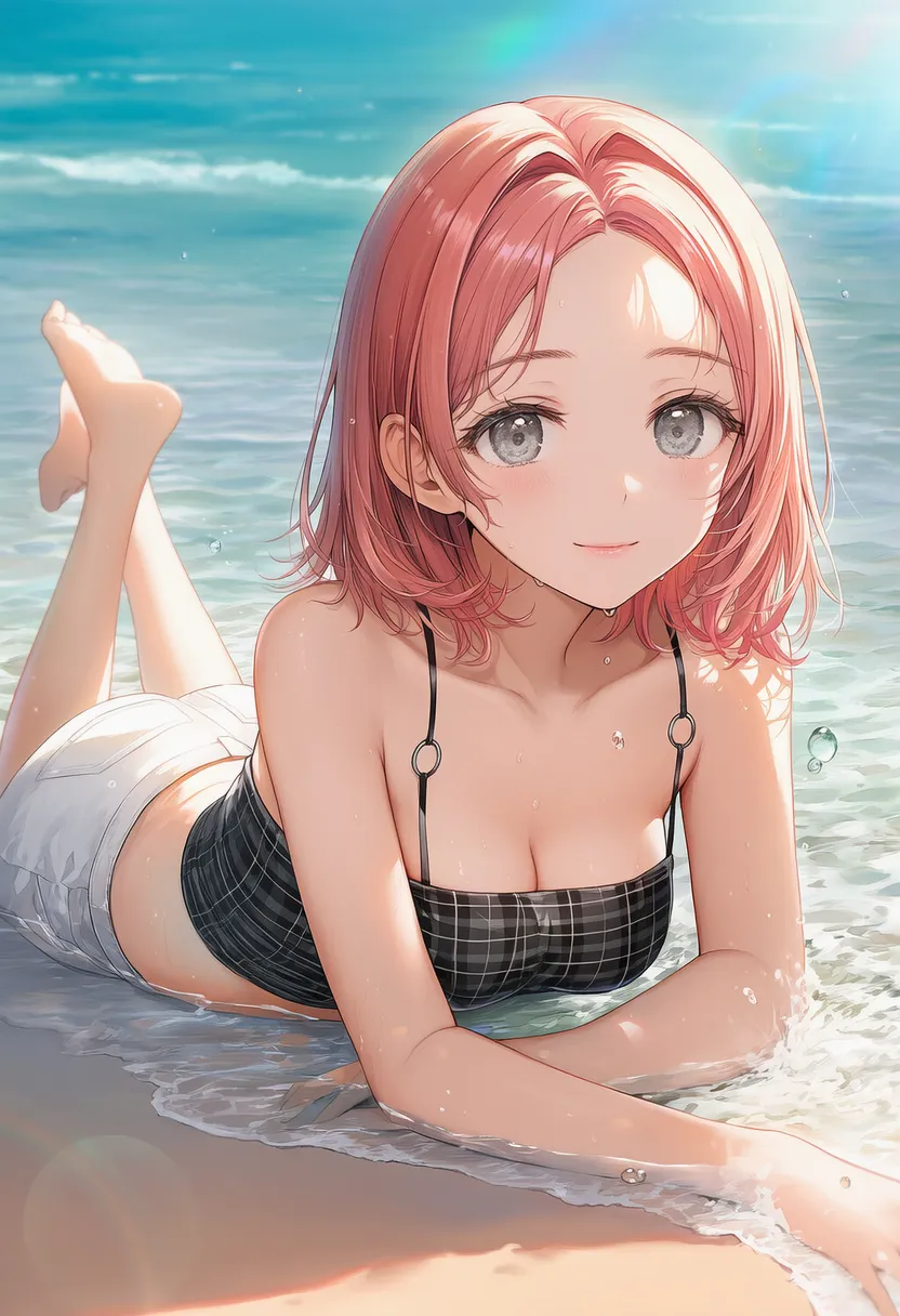 寝そべり上体起こしポーズをするAIグラビアアイドル｜プロンプト紹介