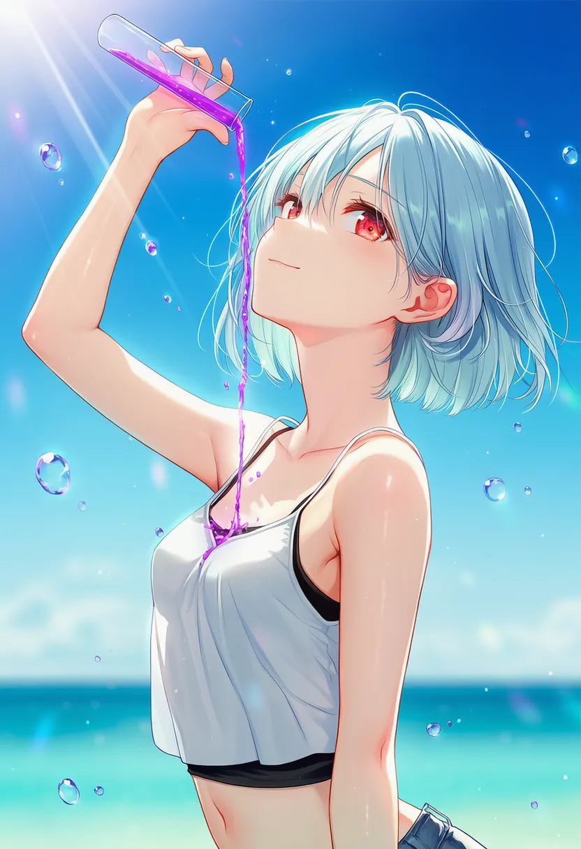 自分に試験管から紫色の液体をかけるAIアートイラスト｜プロンプト解説