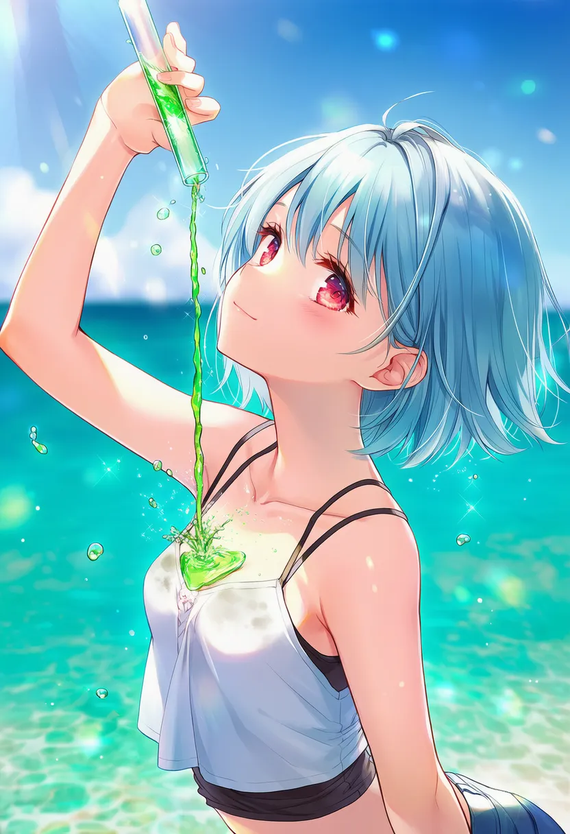 自分に試験管から緑色の液体をかけるAIアートイラスト｜プロンプト解説