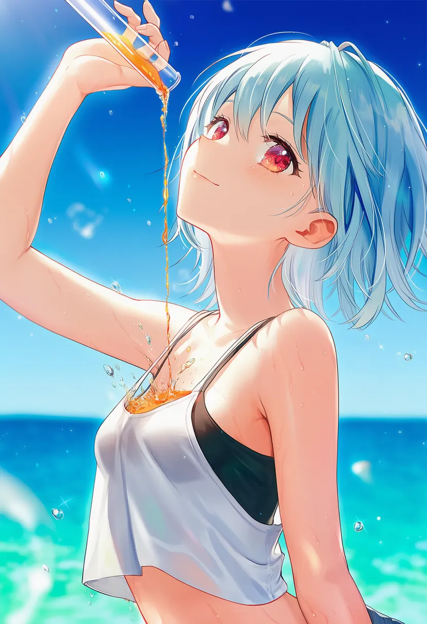 自分に試験管から橙色の液体をかけるAIアートイラスト｜プロンプト解説