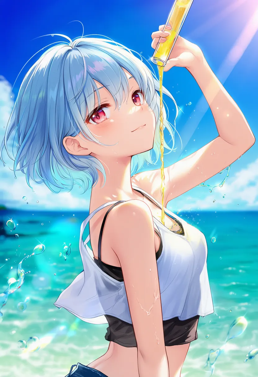 自分に試験管から黄色の液体をかけるAIアートイラスト｜プロンプト解説