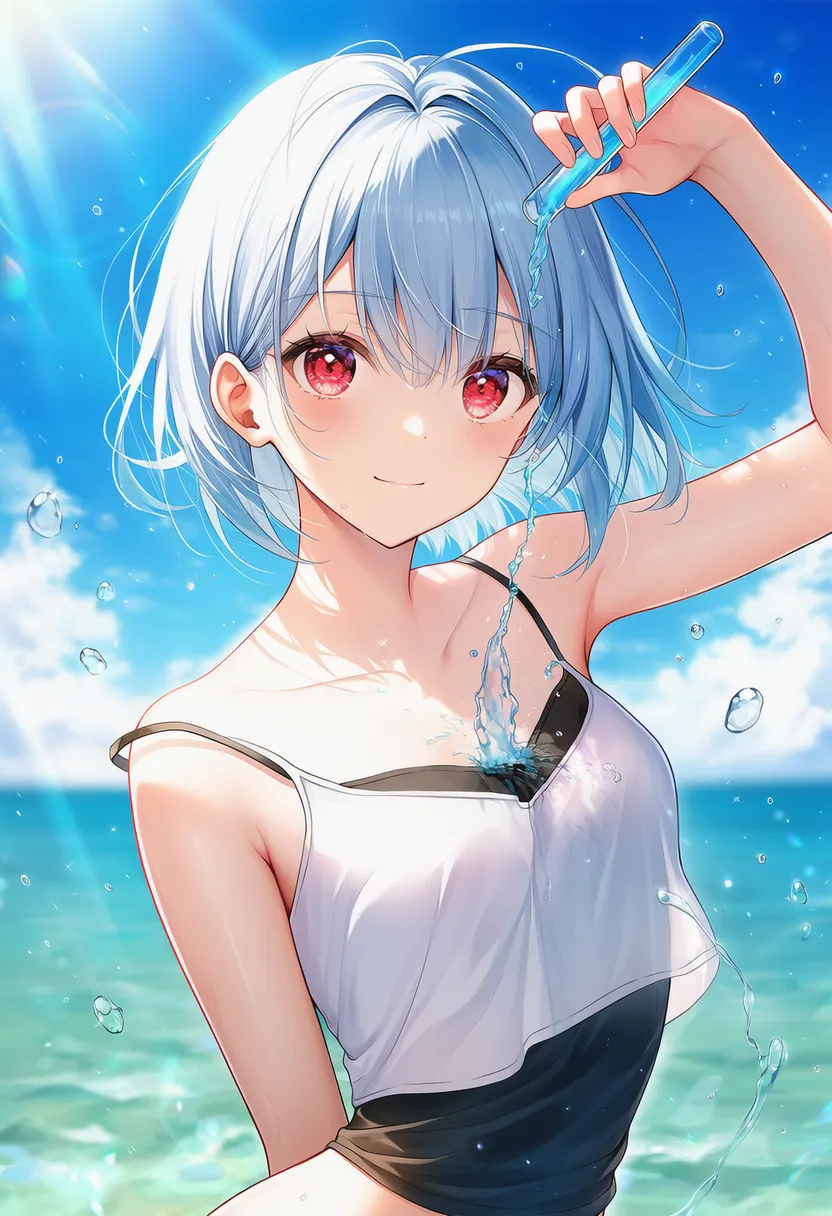 自分に試験管から青色の液体をかけるAIアートイラスト｜プロンプト解説