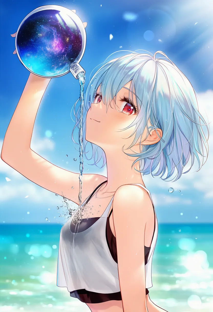 自分に丸底フラスコから宇宙模様の液体をかけるAIアートイラスト｜プロンプト解説