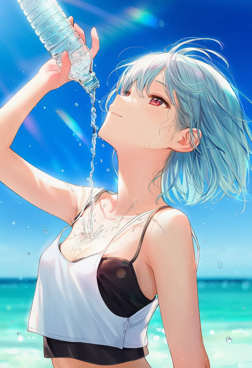 胸元に水（液体）をペットボトルからかけるAIアートイラスト｜プロンプト紹介