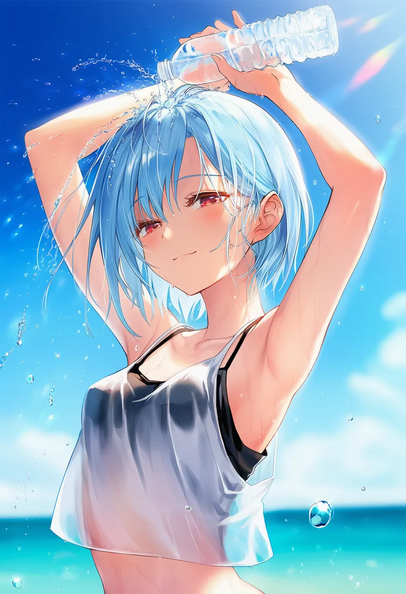 髪に水（液体）をペットボトルからかけるAIアートイラスト｜プロンプト紹介