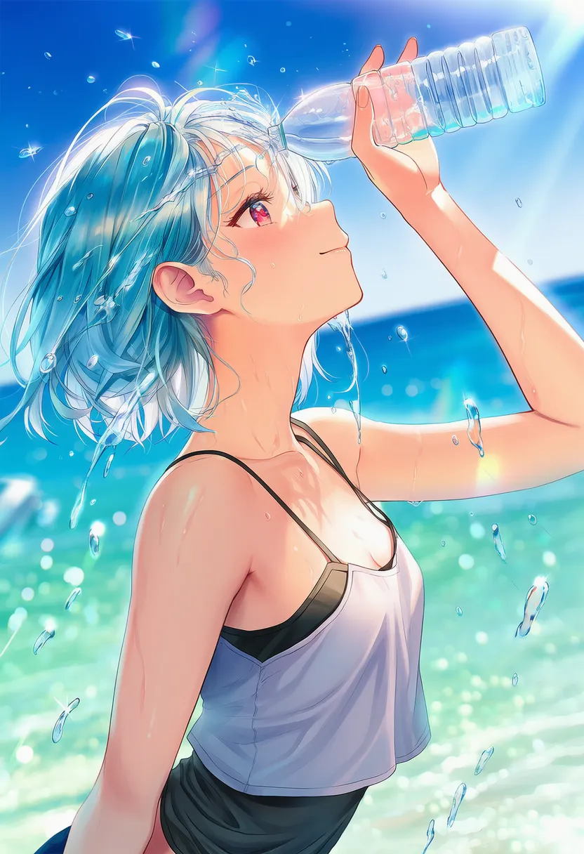 頭に水（液体）をペットボトルからかけるAIアートイラスト｜プロンプト紹介