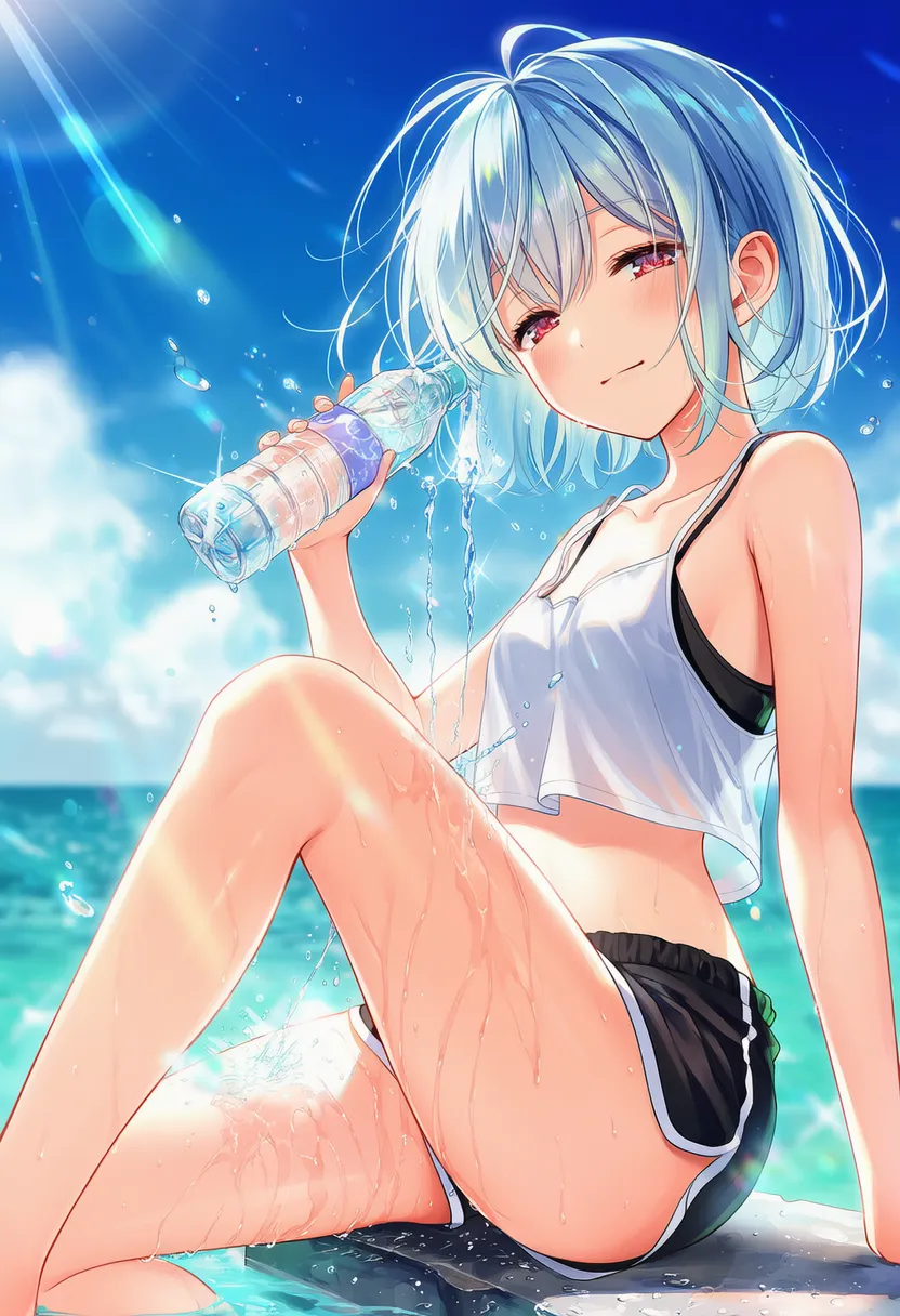 脚に水（液体）をペットボトルからかけるAIアートイラスト｜プロンプト紹介