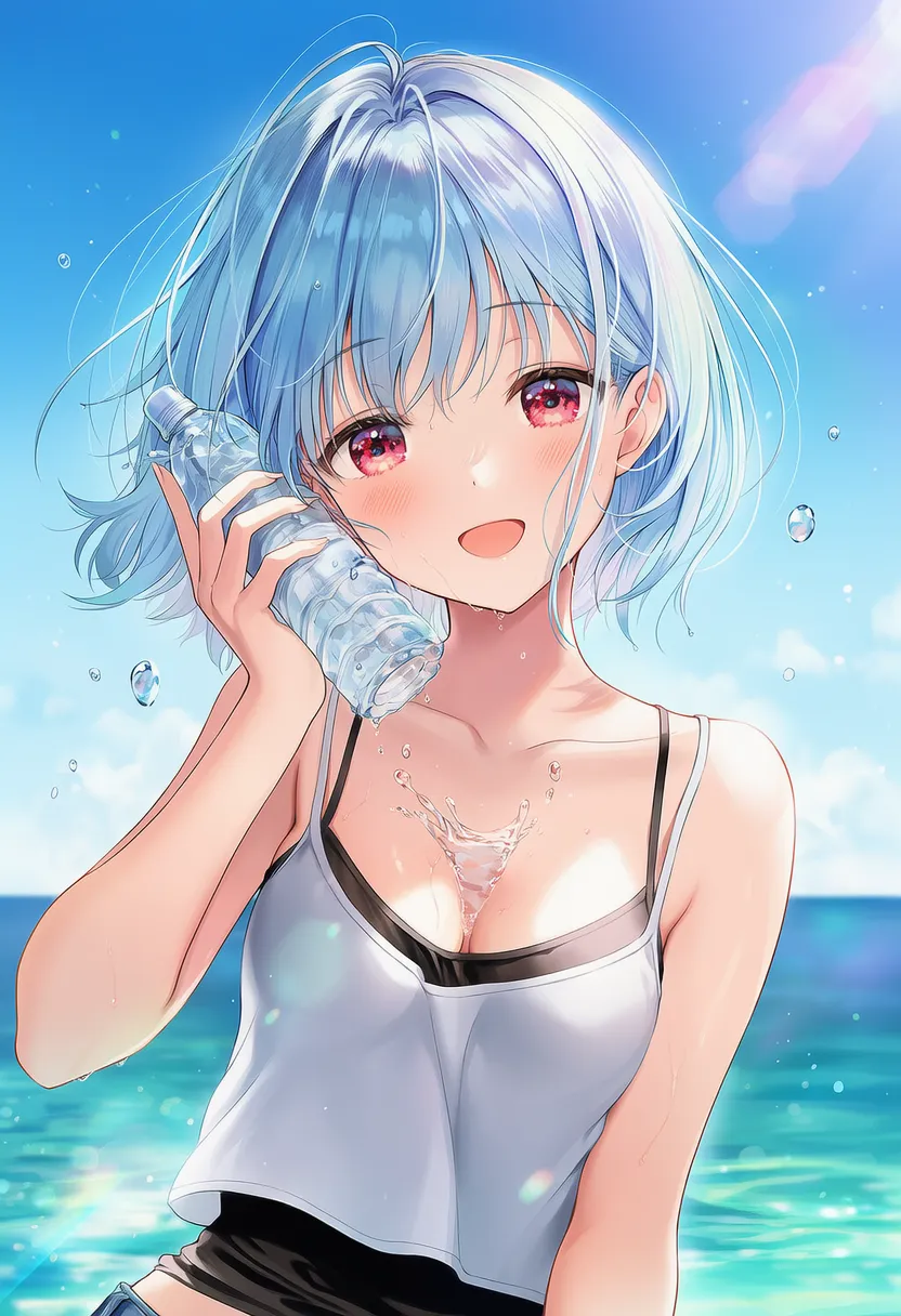 胸元にペットボトルの水が溜まる状態を再現したAIアートイラスト｜プロンプト紹介