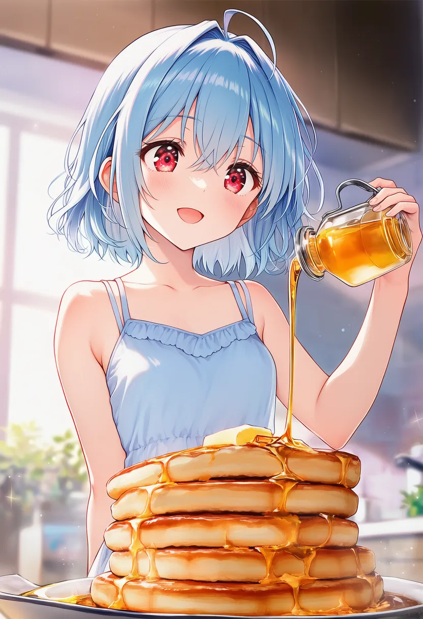 蜂蜜をパンケーキにかける様子のAIイラスト｜プロンプト紹介