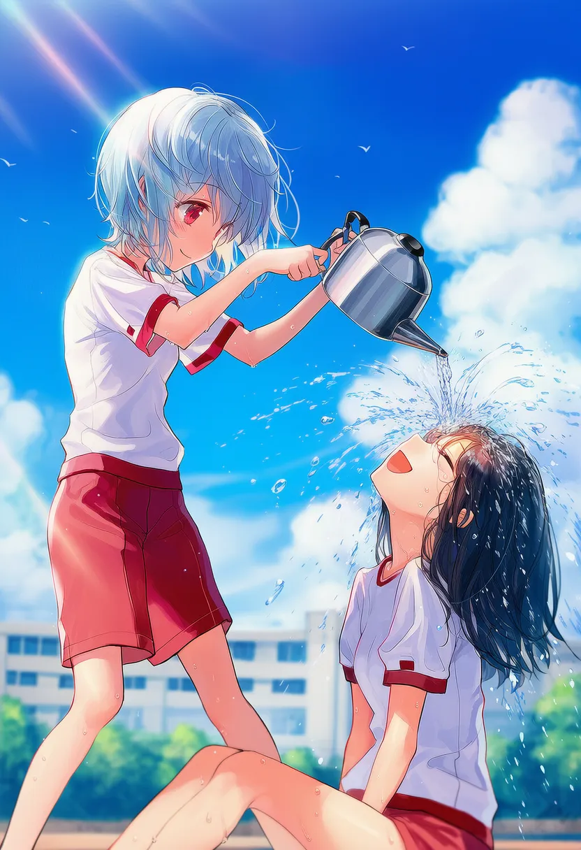 真夏の部活動中、部員がもう片方の部員にヤカンから水をかけてあげているシーンのAIイラスト