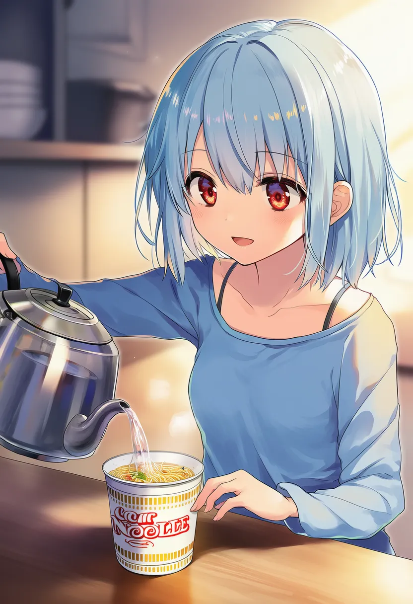 ラーメンカップにお湯を注ぐ様子のAIイラスト｜プロンプト紹介