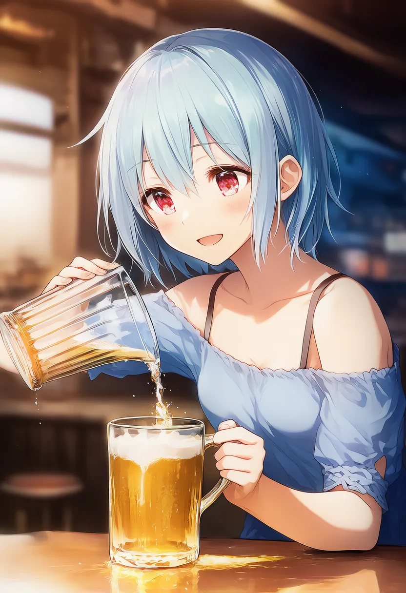 ビールをジョッキに注ぐ様子のAIイラスト｜プロンプト紹介