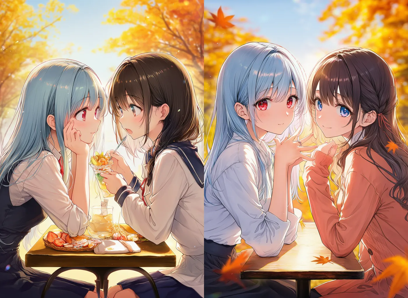 テーブル越しに向かい合う美少女のAIイラスト｜プロンプト紹介