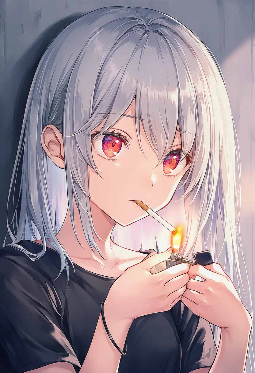 タバコに火をつける仕草のAIイラスト｜プロンプト紹介