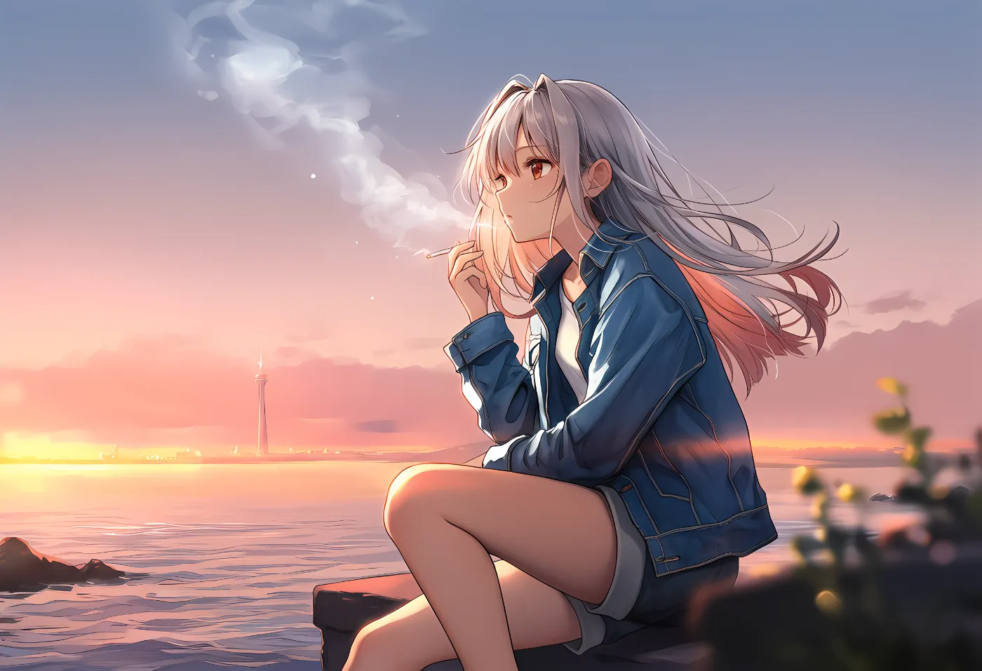 夕暮れの防波堤でタバコを吸う女性のAIイラスト｜プロンプト紹介