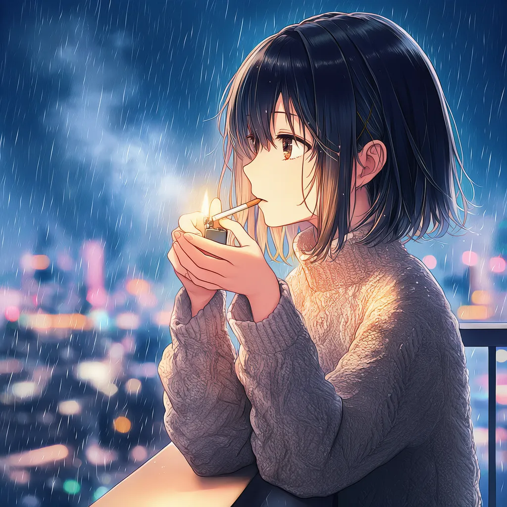 雨の夜のベランダでタバコを吸う女性のAIイラスト｜プロンプト紹介