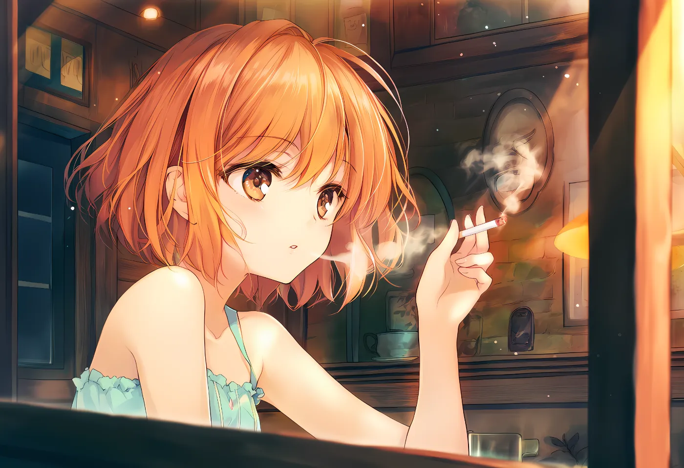 古い喫茶店でタバコを吸う女性のAIイラスト｜プロンプト紹介