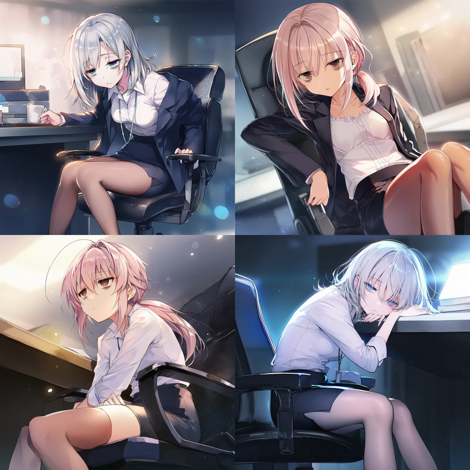オフィスの椅子で疲労してぐったりする美少女AIイラスト｜プロンプト解説