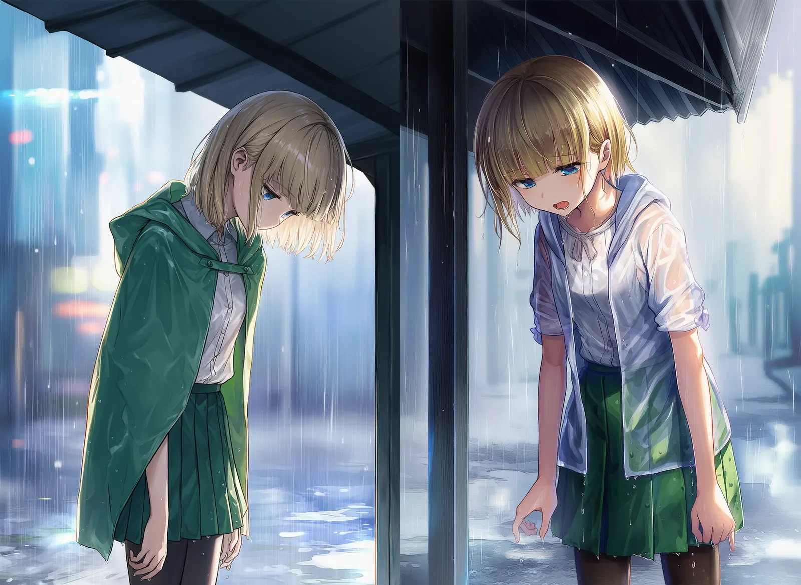 雨宿りで腕を垂らしてぐったりする美少女AIイラスト｜プロンプト解説