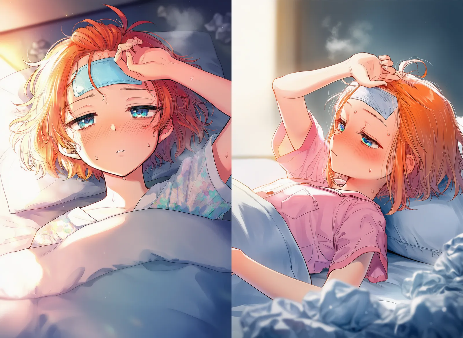 風邪をひいてベッドで仰向けにぐったりする美少女AIイラスト｜プロンプト解説
