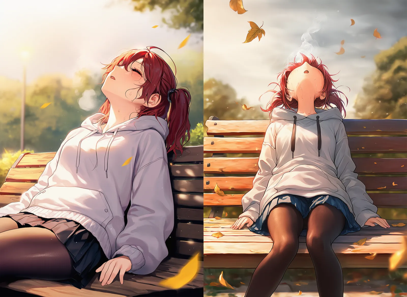 公園のベンチで頭を反らせてぐったりする美少女AIイラスト｜プロンプト解説
