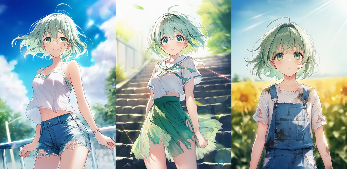 ボトムス（服）が破れた状態を再現したAIイラストの作例
