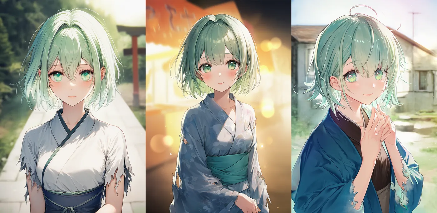 和服が破れた状態を再現したAIイラストの作例