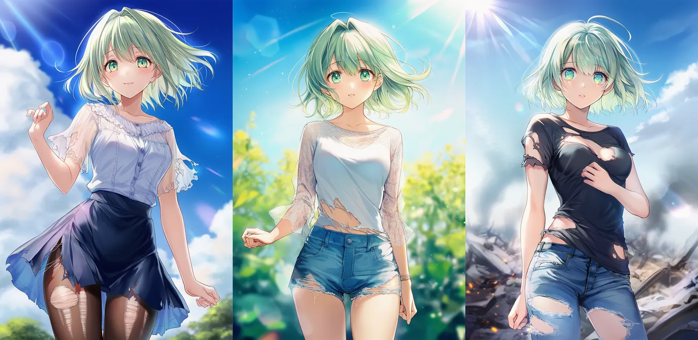 服の破れ（パンスト・ショーパン・Tシャツ）を再現したAIイラストの作例