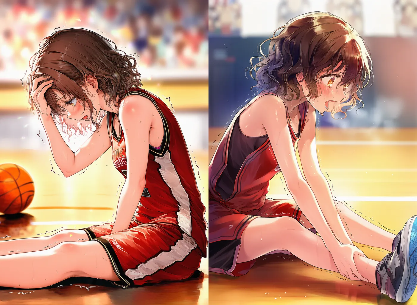 バスケ選手の美少女が、試合中に疲労により脚が痙攣して動けなくなっているAIイラスト作例｜プロンプト紹介
