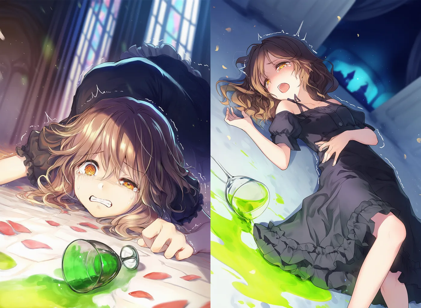 毒を盛られて痙攣するシーンを再現したAIイラスト（ファンタジー風）｜プロンプト紹介