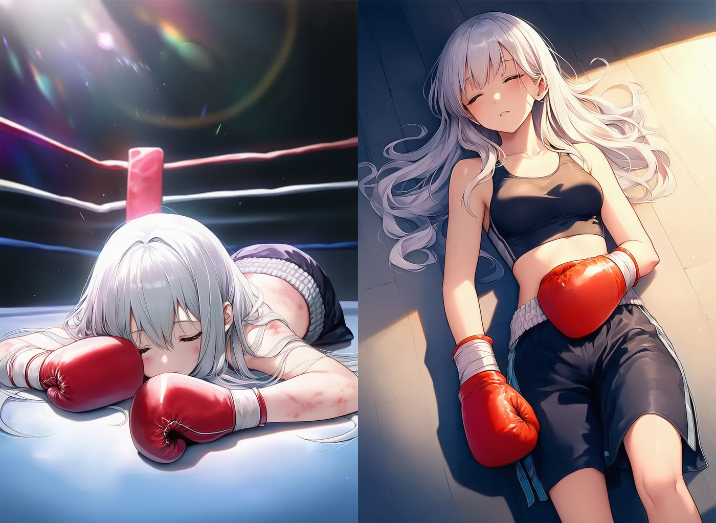 KO（ボクシング）された直後の気絶の様子のAIイラスト｜プロンプト紹介