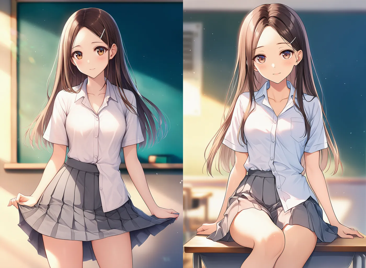 シャツの裾を片側だけ出した服のAIイラスト作例|プロンプト紹介