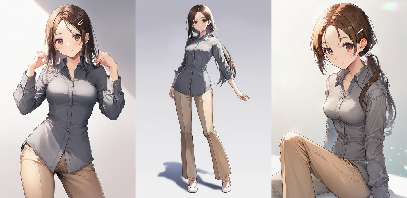 サテンシャツとワイドパンツの裾出しコーデ|プロンプト紹介