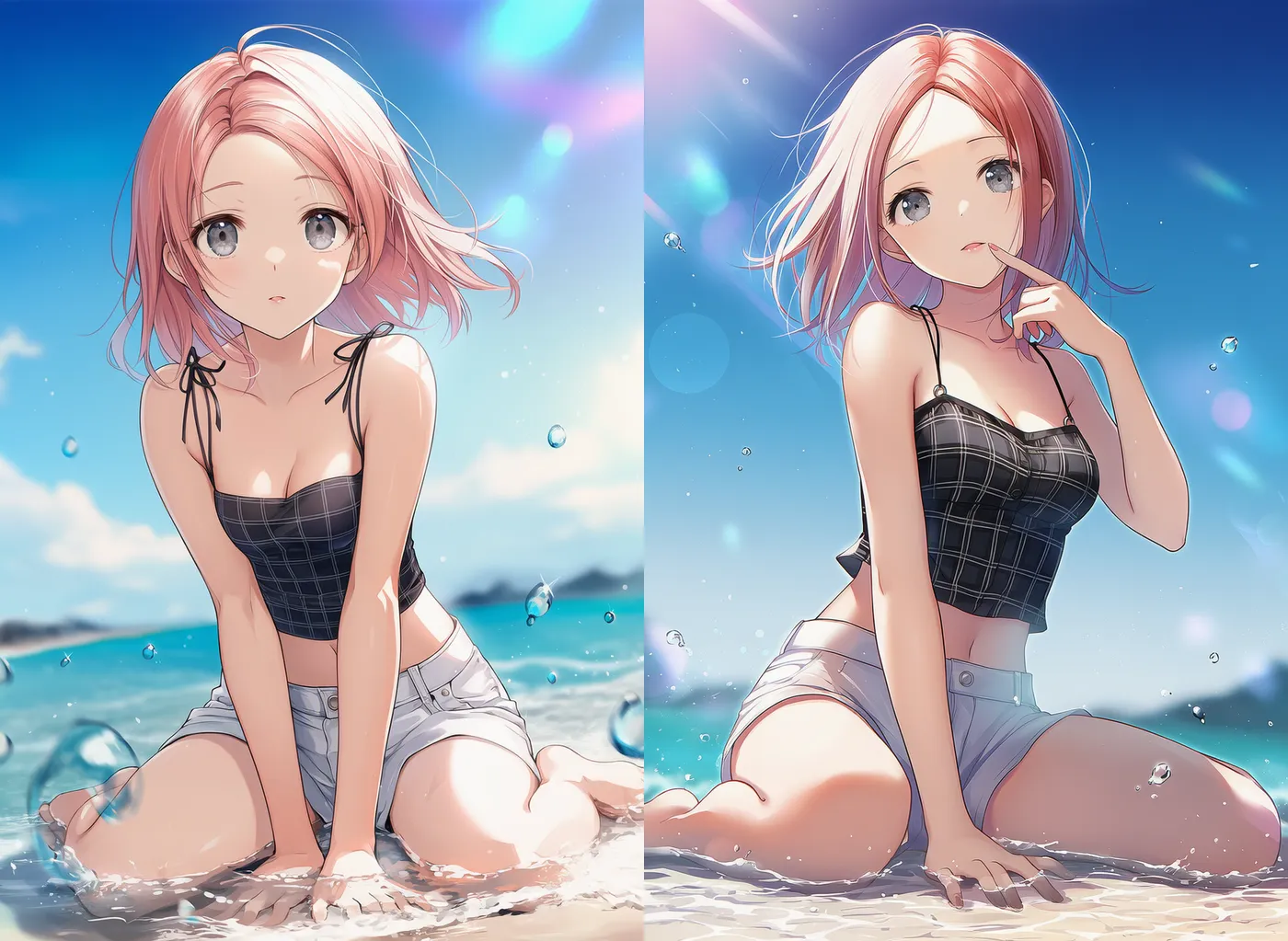 アヒル座りのポーズをするAIグラビアアイドル｜プロンプト紹介