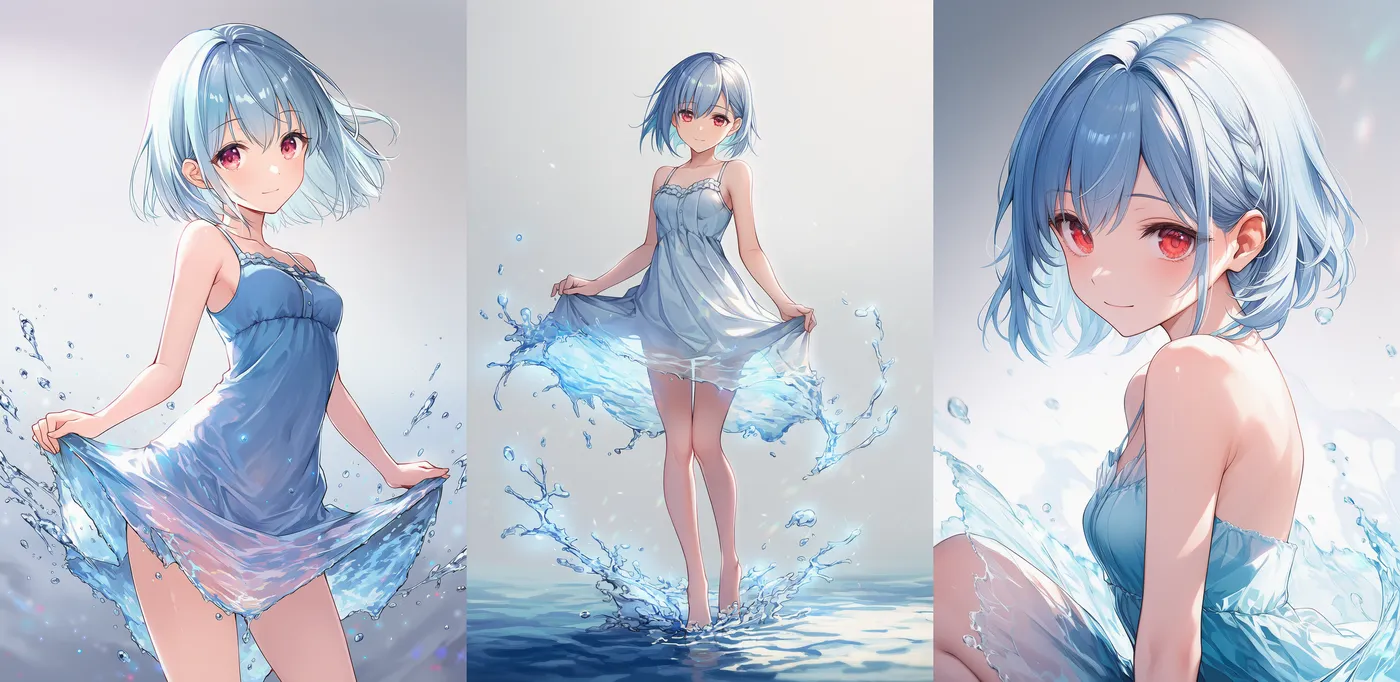 water splash dressのプロンプトを用いた水ドレスの作例