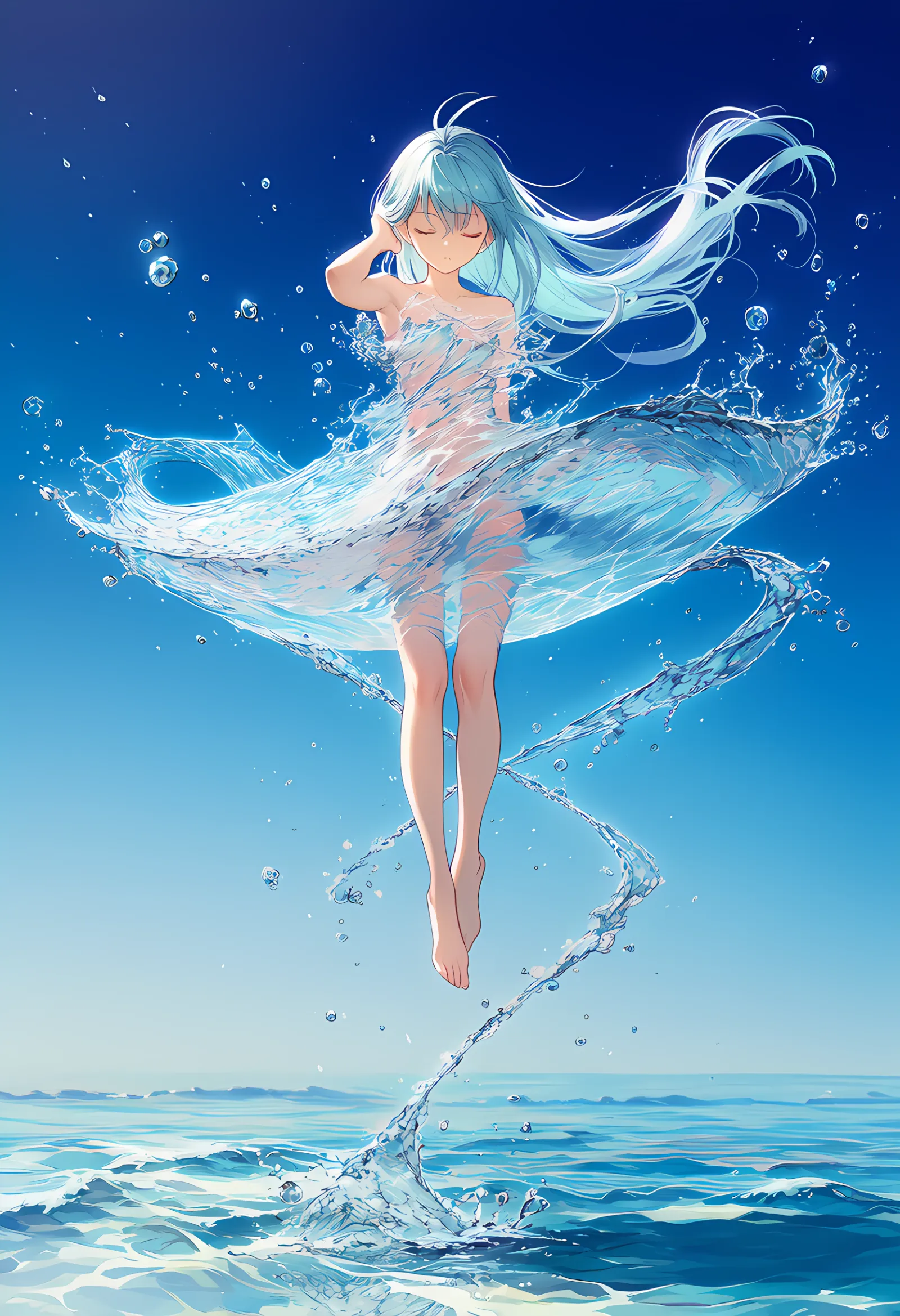 水ドレス(ウォータードレス)を纏った女性のAIアートイラストの作例1