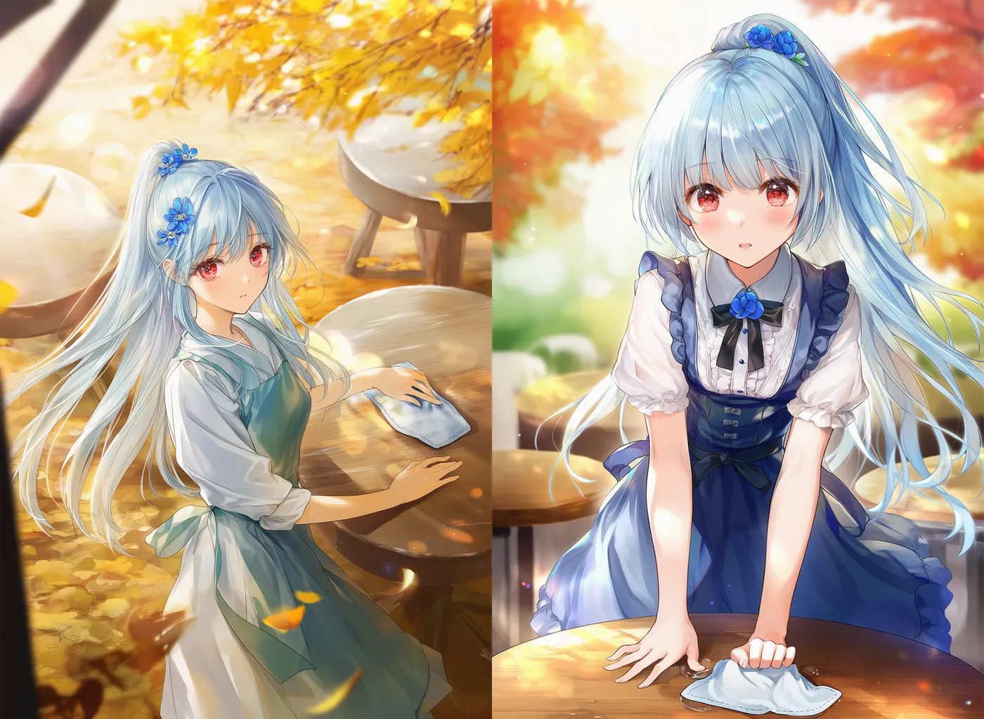 テーブルを拭く美少女のAIイラスト｜プロンプト紹介