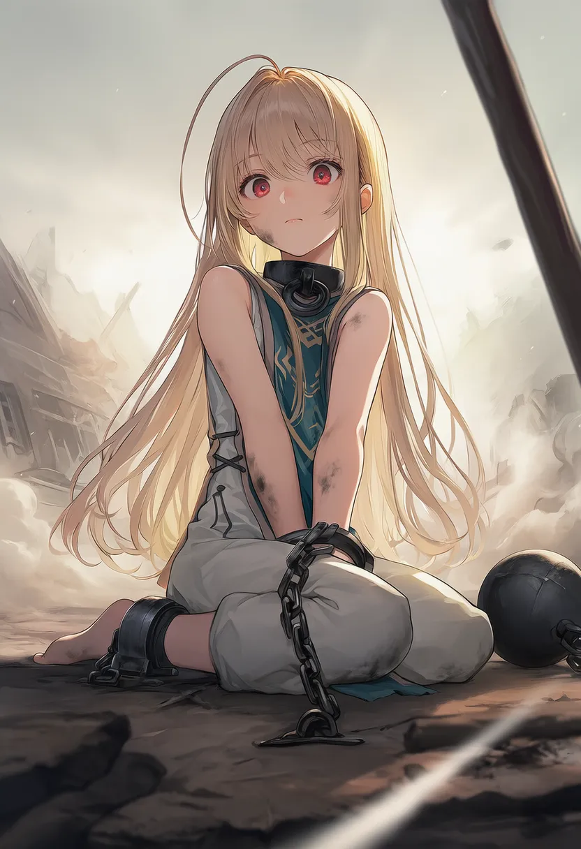 鎖と重い鉄球でできた拘束具を再現したAIイラスト｜プロンプト紹介