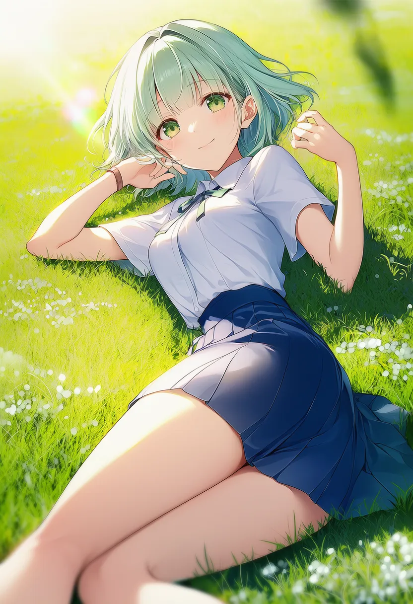 穏やかな草原に笑顔で横たわる美少女AIイラストの作例